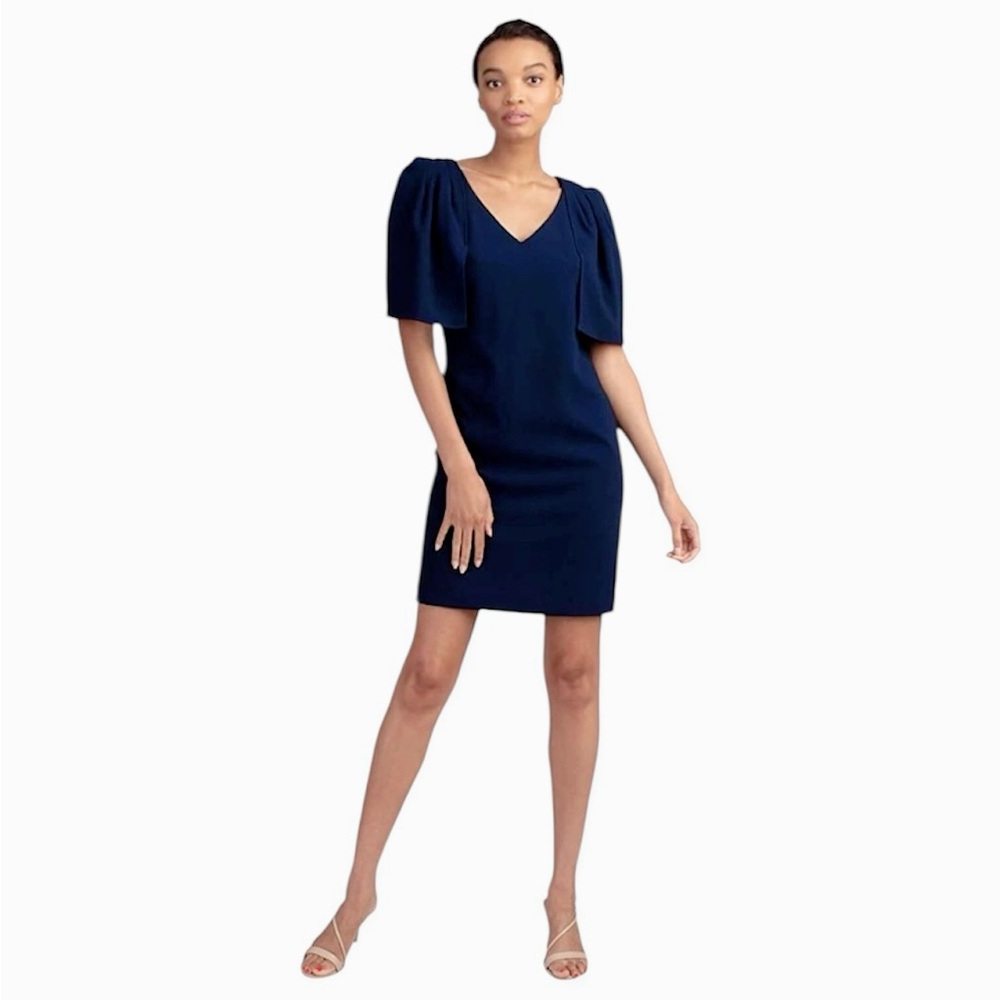 Trina Turk Tropical Cape Sleeve V Neck Tie Back Dress Indigo Classic Business